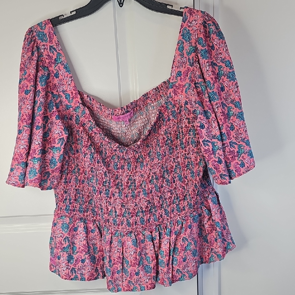Simply Southern Floral Pink and Blue Smocked Women's Top Size XXL